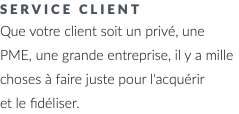 service client Que votre client soit un privé, une PME, une grande entreprise, il y a mille choses à faire juste pour l'acquérir et le fidéliser.