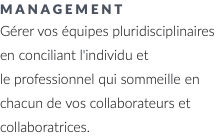 management Gérer vos équipes pluridisciplinaires en conciliant l'individu et le professionnel qui sommeille en chacun de vos collaborateurs et collaboratrices.