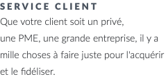 service client Que votre client soit un privé, une PME, une grande entreprise, il y a mille choses à faire juste pour l'acquérir et le fidéliser.
